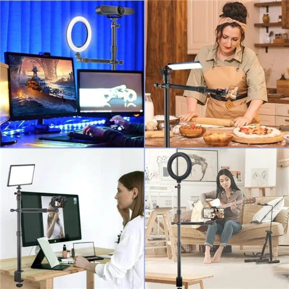 Camera Desk Mount with 2-Stage Telescopic Arm, Adjustable Overhead Light Stand